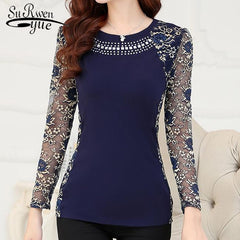 High Quality Women's  lace blouse shirts ladies long sleeve slim patchwork Women Tops