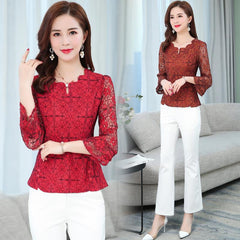 Women Spring Summer Lace Blouses Shirts Lady Casual Flare Sleeve Transparent Tops