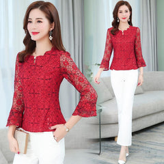 Women Spring Summer Lace Blouses Shirts Lady Casual Flare Sleeve Transparent Tops
