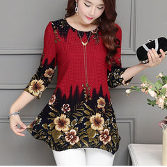 Women Tops  Blouse shirt  Casual Blue Red Women's Clothing O neck floral Print