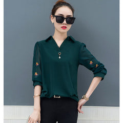Women shirts chiffon blouse tops and Embroidered wild loose cover belly top long sleeve