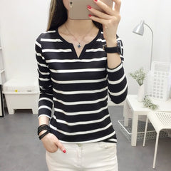 Women  Classic Cotton Striped Color Winter  V neck Casual Full Sleeve T shirt