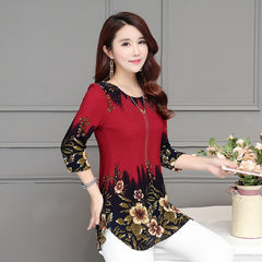 Women Tops  Blouse shirt  Casual Blue Red Women's Clothing O neck floral Print