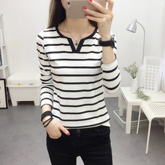 Women  Classic Cotton Striped Color Winter  V neck Casual Full Sleeve T shirt