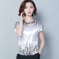 Short Sleeve Women's Formal Chiffon blouses white Silk  tops Summer Round collar